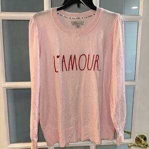 RAE DUNN Crewneck Sweatshirt Large Soft Pink LAMOUR words heart pullover